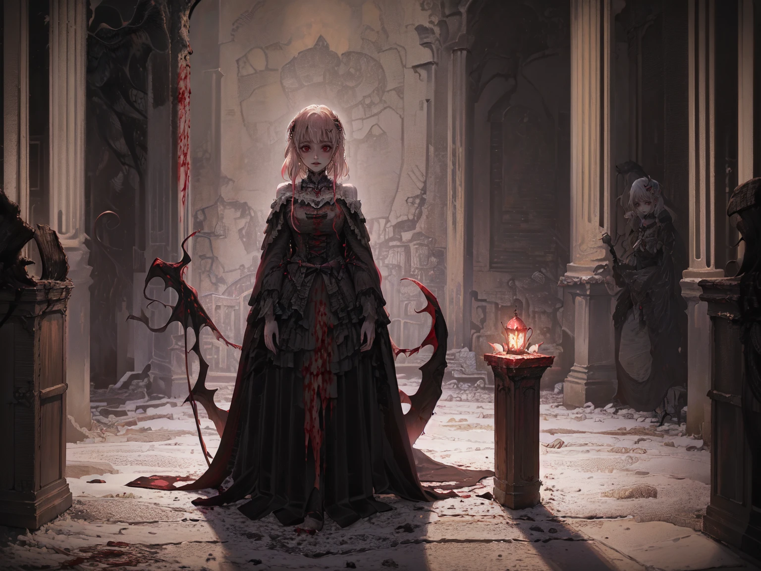 (Best Quality4K,High resolution,masterpiece:1.2),Very detailed,Realistic:1.37,,(whole body, I can see your feet and shoes: 1.2),、(,Spooky altar background,Dark fantasy,Red color scheme,Ominous atmosphere,Eye-catching,Storytelling,anatomy,Anime Style,Concept Art,beautiful細部までこだわった顔と (((Red eyes ))),A terrifying ritual ,Smoking a cigarette,Cigarette smoke,Satanic Ritual,Premature death,Inappropriate behavior,クレイジーなsmile,Scythe Face,Girl Monster, beautiful, Delicate facial features, Sharp Eye, Sharp Fangs, pale Skin, Thick Chain, Dark Background Cinema Lighting, Dramatic Shadows, Gothic style, Gloomy atmosphere, Dark fantasy, One person&#39;S, Please open your mouth wide, Open your mouth and baring your teeth,Sharp teeth like a beast, Wide lips, Very wide mouth, Red cheeks, ,(Blood splatter:1.2),Scary smile, smile,Angel Design, TwiSted smile、Bloody、Head bleeding,,,,,、Blood splatter、,(Blood splatter:1.2),skull,Horrorスタイル, ((Fantasy Sweet Ta Frill Pink Costume)), ((Flowing blonde hair)), ,(Blood splatter:1.2),Female Curves, Sexy flat stomach, Perfect hands, Perfect anime character face, (Pink Tata Dress)), Standing, ((邪悪なsmile)), ,(Blood splatter:1.2), Steam circulation, Moonlight Illumination, night lighting, (Blood splatter:1.6),アニメAngel Design, TwiSted smile、Bloody、Head bleeding,,,,,、Blood splatter、,(Blood splatter:1.2), skull,Gothic architecture、Western architecture、ファンタジーのworld、,Victorian city, Skeleton Gas Light,Absurd, High resolution、 ((Tabletop)), ((Best Quality)), (Very detailedな), ((Very detailed)), (beautiful), ((cute)), (NFSW:1.8), One personで,(:1.6)、(world&#39;The most terrifying and creepy demon :1.5)beautiful face、whole bodyエズビアン、pale, beautiful肌、beautiful金の髪、Smiling Kindly、Dark building ruins、(snow white&#39;Frill dress:1.5)、(The dark ruins are stained with blood:1.3)、ローアングルwhole bodyショット、(少女は血の海の中にStanding:1.5)、(The ground is full of blood:1.2)、(Lost a lot of blood...:1.2)、(クレイジーなsmile:1.6)、Spirits、(Blood dripping from the mouth:1.2)、Neo-Gothic style, Wearing a black dress and a white collar, Wearing a black hat、Wearing heavy makeup, Standing in a mystical garden surrounded by vines. The garden is full of deep purple flowers.、背景のGothic architecture。. &#39;Hair is golden、、A red rose is pinned to her side。. Her eyes are sharp、It&#39;Stabbing., Thick black eyeliner and long eyelashes. 彼女は顔色がpale.、Lips bright red.. The atmosphere is gloomy and eerie, Dim lighting casts long shadows. This piece combines digital illustration and photography....., outcome、驚くほどHigh resolutionの画像が生まれました. Most colors are dark、I&#39;gentle, Deep reds and purples create a dark beauty.. The style is neo-Gothic., Horror, Portrait photography, Create a unique and engaging visual experience.Dark Imagery
