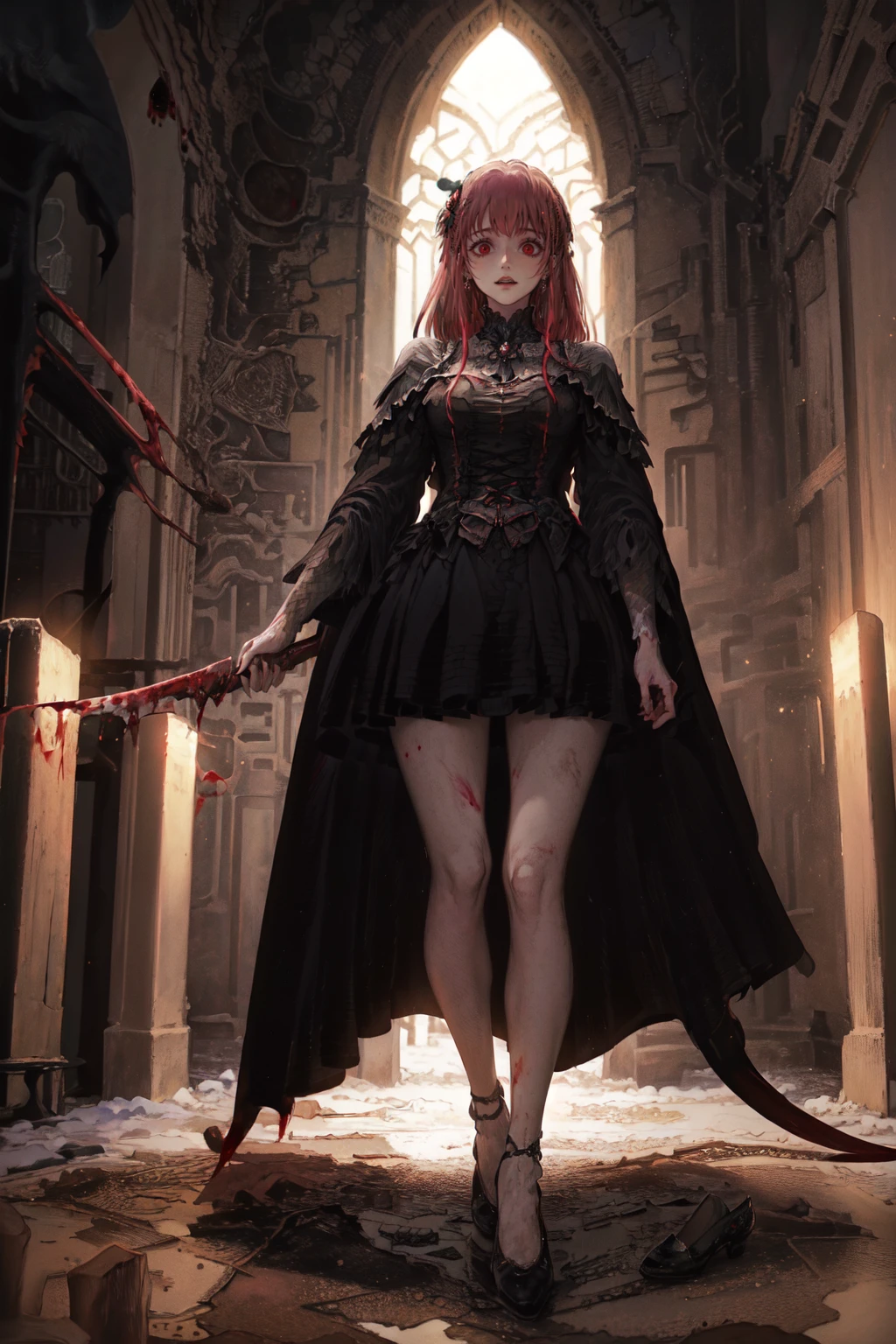 (Best Quality4K,High resolution,masterpiece:1.2),Very detailed,Realistic:1.37,,(whole body, I can see your feet and shoes: 1.2),、(,Spooky altar background,Dark fantasy,Red color scheme,Ominous atmosphere,Eye-catching,Storytelling,anatomy,Anime Style,Concept Art,beautiful細部までこだわった顔と (((Red eyes ))),A terrifying ritual ,Smoking a cigarette,Cigarette smoke,Satanic Ritual,Premature death,Inappropriate behavior,クレイジーなsmile,Scythe Face,Girl Monster, beautiful, Delicate facial features, Sharp Eye, Sharp Fangs, pale Skin, Thick Chain, Dark Background Cinema Lighting, Dramatic Shadows, Gothic style, Gloomy atmosphere, Dark fantasy, One person&#39;S, Please open your mouth wide, Open your mouth and baring your teeth,Sharp teeth like a beast, Wide lips, Very wide mouth, Red cheeks, ,(Blood splatter:1.2),Scary smile, smile,Angel Design, TwiSted smile、Bloody、Head bleeding,,,,,、Blood splatter、,(Blood splatter:1.2),skull,Horrorスタイル, ((Fantasy Sweet Ta Frill Pink Costume)), ((Flowing blonde hair)), ,(Blood splatter:1.2),Female Curves, Sexy flat stomach, Perfect hands, Perfect anime character face, (Pink Tata Dress)), Standing, ((邪悪なsmile)), ,(Blood splatter:1.2), Steam circulation, Moonlight Illumination, night lighting, (Blood splatter:1.6),アニメAngel Design, TwiSted smile、Bloody、Head bleeding,,,,,、Blood splatter、,(Blood splatter:1.2), skull,Gothic architecture、Western architecture、ファンタジーのworld、,Victorian city, Skeleton Gas Light,Absurd, High resolution、 ((Tabletop)), ((Best Quality)), (Very detailedな), ((Very detailed)), (beautiful), ((cute)), (NFSW:1.8), One personで,(:1.6)、(world&#39;The most terrifying and creepy demon :1.5)beautiful face、whole bodyエズビアン、pale, beautiful肌、beautiful金の髪、Smiling Kindly、Dark building ruins、(snow white&#39;Frill dress:1.5)、(The dark ruins are stained with blood:1.3)、ローアングルwhole bodyショット、(少女は血の海の中にStanding:1.5)、(The ground is full of blood:1.2)、(Lost a lot of blood...:1.2)、(クレイジーなsmile:1.6)、Spirits、(Blood dripping from the mouth:1.2)、Neo-Gothic style, Wearing a black dress and a white collar, Wearing a black hat、Wearing heavy makeup, Standing in a mystical garden surrounded by vines. The garden is full of deep purple flowers.、背景のGothic architecture。. &#39;Hair is golden、、A red rose is pinned to her side。. Her eyes are sharp、It&#39;Stabbing., Thick black eyeliner and long eyelashes. 彼女は顔色がpale.、Lips bright red.. The atmosphere is gloomy and eerie, Dim lighting casts long shadows. This piece combines digital illustration and photography....., outcome、驚くほどHigh resolutionの画像が生まれました. Most colors are dark、I&#39;gentle, Deep reds and purples create a dark beauty.. The style is neo-Gothic., Horror, Portrait photography, Create a unique and engaging visual experience.Dark Imagery
