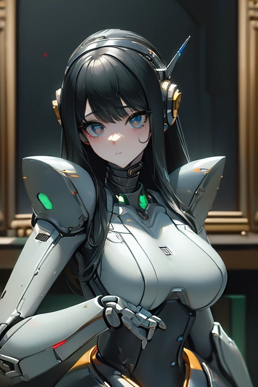 (masterpiece),(Highest quality),(Super detailed),(Best illustrations),(Best Shadow),(Absurd),(Detailed Background),(so beautiful), 16K, 8K, 4K,(Best Shadow),robotization,woman ,big bust,Robot Joint ,Metal skin,Black robot Suit,long hair,a black robot suit that covers the whole body,robot hand,cyber bodysuit,mecha head,(Detailed hands and fingers:1.2),Ball joint robot body,doll joint,beautiful face,beautiful robot girl,robotic eye,robotic hands,(no more human skin),android girl,cyborg girl,F cup, sexy body,(machine made joints:1.2),(machanical limbs:1.1),(blood vessels connected to tubes),(mechanical vertebra attaching to back),(mechanical cervial attaching to neck),no messy picture style