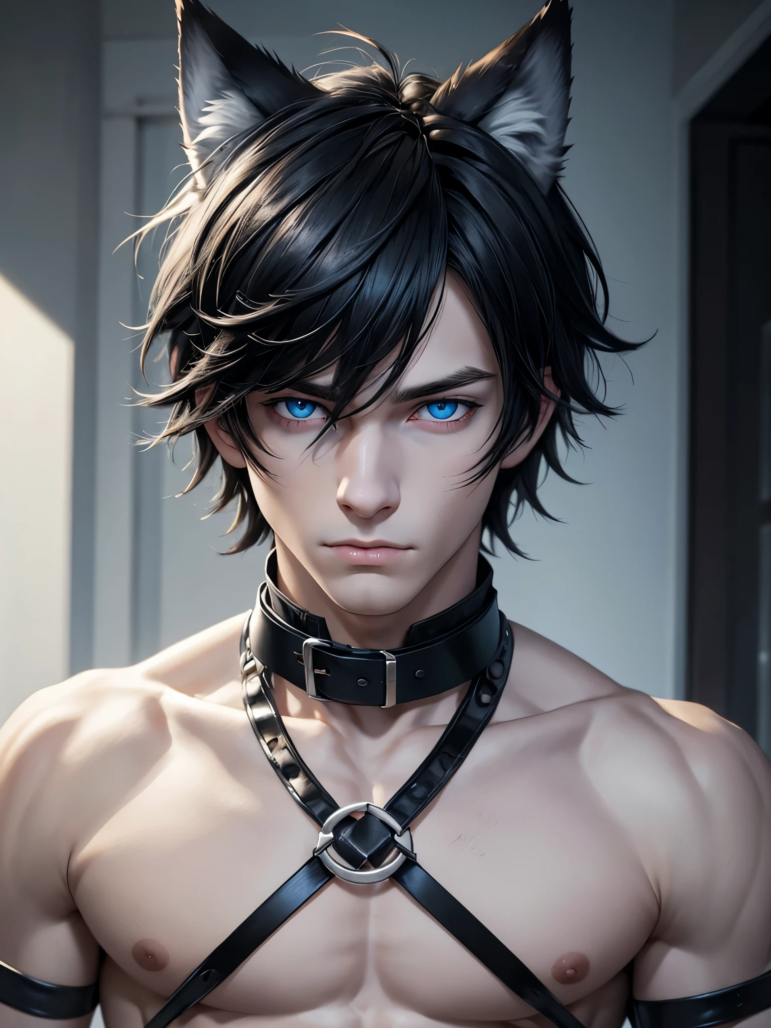 (best quality), 1boy, male, pale skin, black hair, short hair, tousled hair, messy bangs, bangs over eyes, blue eyes, perfect eyes, dark circles under eyes, (wolf ears), (wolf tail), collar, wolfboy, skinny body, masterpiece, anatomically correct, highres
