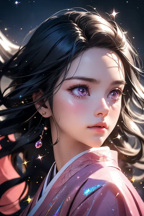 realistic nezuko kamado, demon slayer, 1girl, long hair, beautiful detailed pink sparkly eyes, beautiful detailed lips, extremel...