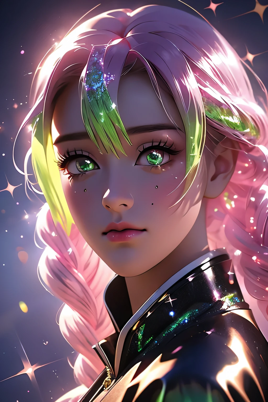 realistic mitsuri, demon slayer, flower hashira, 1girl, green and pink hair, beautiful detailed eyes, beautiful detailed lips, extremely detailed face, long eyelashes, intricate details, photorealistic, 8k, high quality, masterpiece, professional 3d render, volumetric lighting, glossy skin, photorealistic skin, hyper realistic, ultra detailed, sharp focus, portrait, iridescence, dramatic angle, space, (floating colorful sparkles:1.3), Dramatic Lighting, Chiaroscuro, Evocative Depth.undefined, 