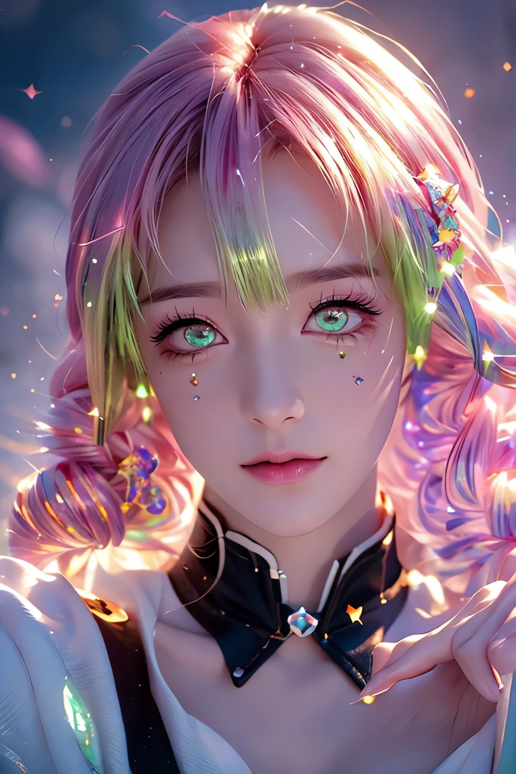 A beautiful,1girl,realistic mitsuri,demon slayer,flower hashira,with green and pink hair,beautiful detailed eyes,beautiful detailed lips,extremely detailed face,long eyelashes,intricate details,photorealistic,8k,high quality,masterpiece,professional 3d render,volumetric lighting,glossy skin,photorealistic skin,hyper realistic,ultra detailed,sharp focus,portrait,iridescence,dramatic angle,space,(floating colorful sparkles:1.3),Dramatic Lighting,Chiaroscuro,Evocative Depth