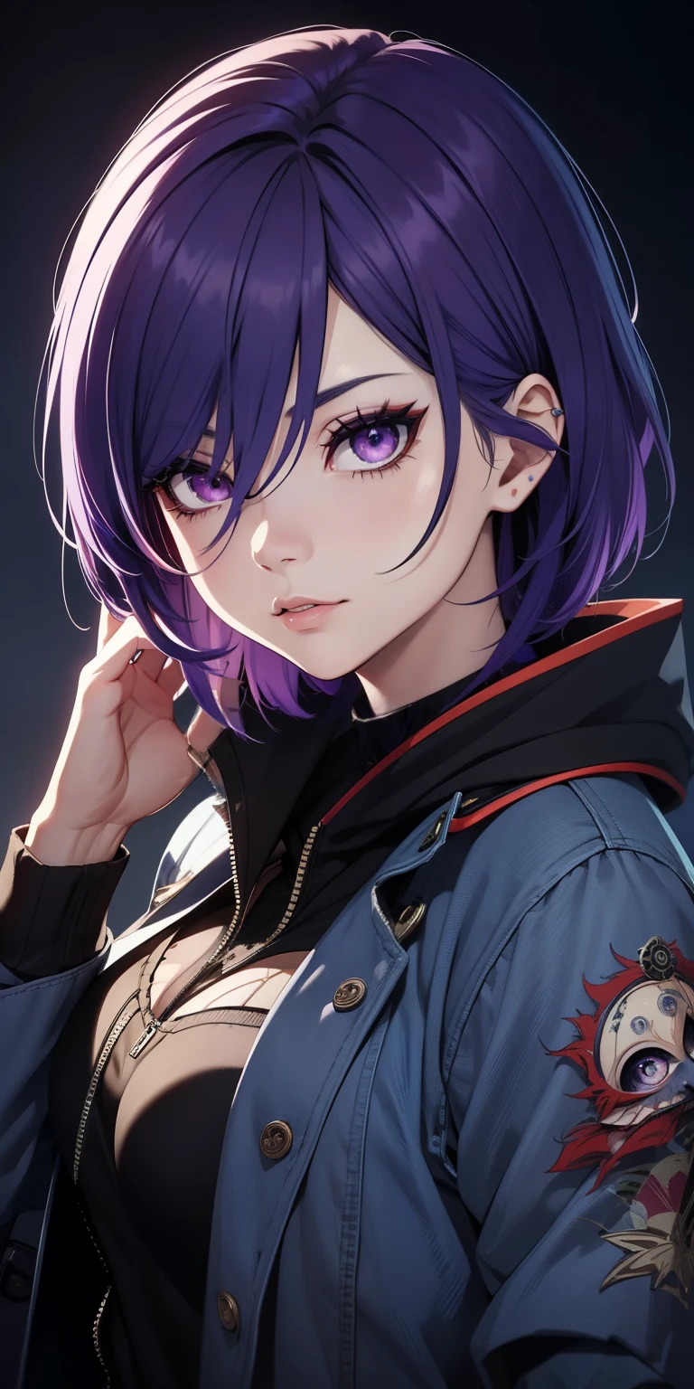 Masterpiece,detailed,High Resolutions:1.4) , Model photo, close, detailed face, fine and detailed eyes, purple eyes, (Kirishima Touka),medium blue hair,ojo ghoul,retro jacket,Ghoul of Tokyo,Retrofuturistic background, vibrant colors, HDR,, ,