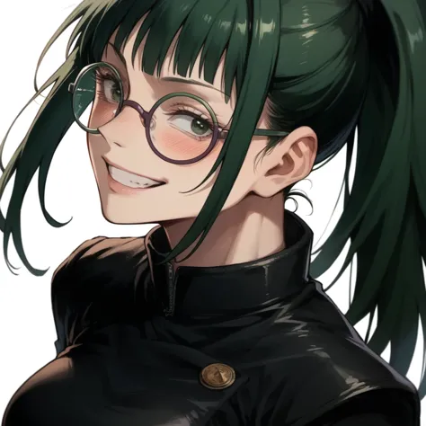 maki zenin shibuya arc, dark green hair, hair tied in a ponytail, wearing tight black top, very short jean shorts, ultra detaile...