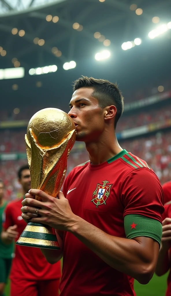 cristiano ronaldo in portugal jersey kissing the world cup trophy in a stadium, tear of joy, 