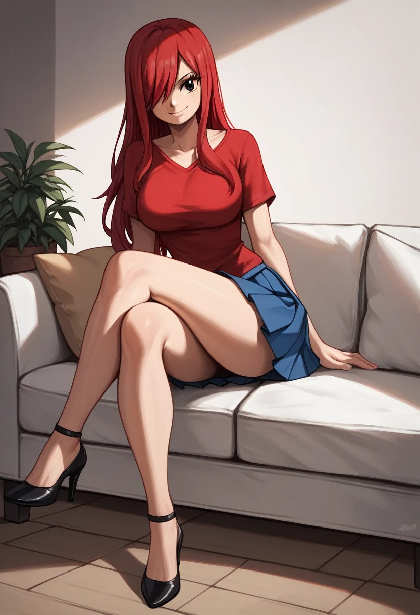 score_9, score_8_up, score_7_up, score_6_up, score_5_up, score_4_up, source_anime, 1girl,fairy tail, 1girl, smile, long hair, red hair, brown eyes, red dress, pleated skirt, blue skirt, hair over one eye, crossed legs, cowboy shot, red hair, long hair, black high heels, brown eyes, sit, sofa, room, best quality, best res, 4K UHD,
 