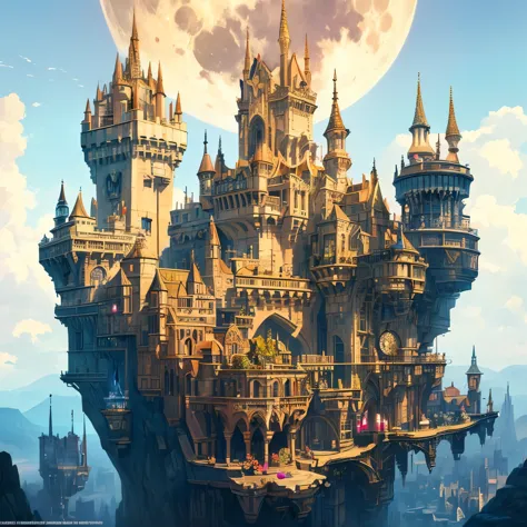 (white background,leave blank all around,howl's moving castle:1.35),(intricate steampunk castle in the sky,the castle castle sus...