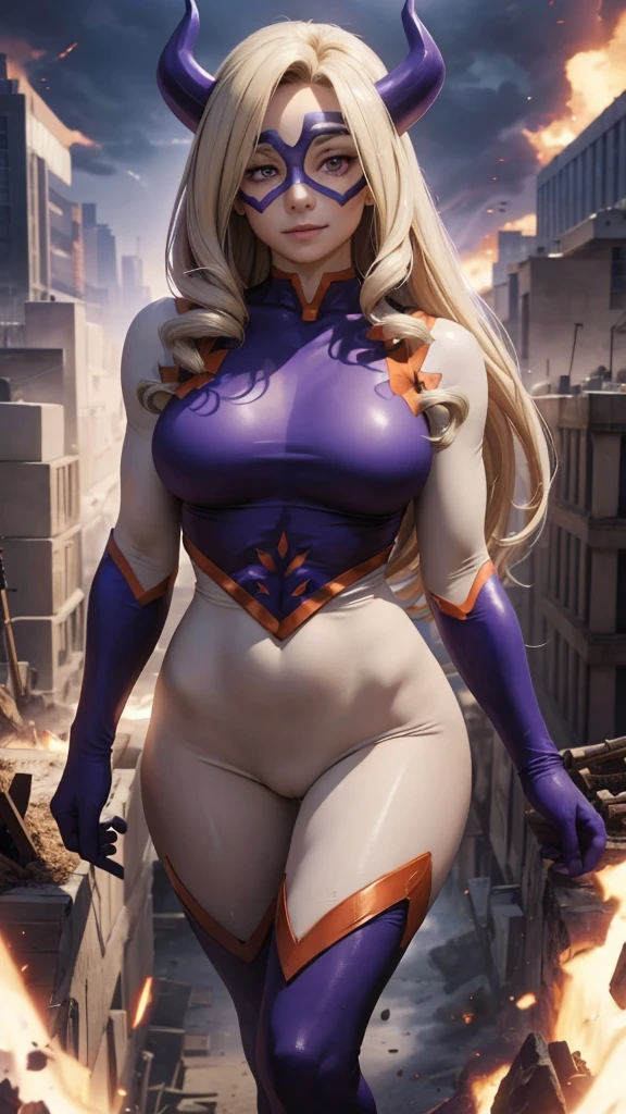 heroic pose, Realistic 1.2, Mount Lady, ((cowboy shot)), athletic body, Beautiful face, perfect, white skin, Standing, modeling, looking at the viewer, purple eyes, big breasts, blonde hair, long hair, bodysuit, purple swimsuit, (Bodys:1), white sleeves, Purple long gloves, high leg necklace, purple horns, Domino Mask, bodysuit, Pele firm, superhero, gloves, smile, [My Hero Academia], (Computer Generated Images) e VFX (Visual Effect) highlights the intricate anatomical features in a perfect way. sfx, complement visual art, The level of detail is inspiring, with intricate elements meticulously crafted, Volumetric effects add depth and dimension, and the photorealism is unmatched. The image is rendered in 8K resolution, ensuring super detailed visuals. Volumetric lightning adds a touch of magic, highlighting your beauty and aura in a supernatural way. A tecnologia High Dynamic Range (HDR) makes the cores stand out, adding richness to the overall composition. Finally, this art presents an unreal portrait.