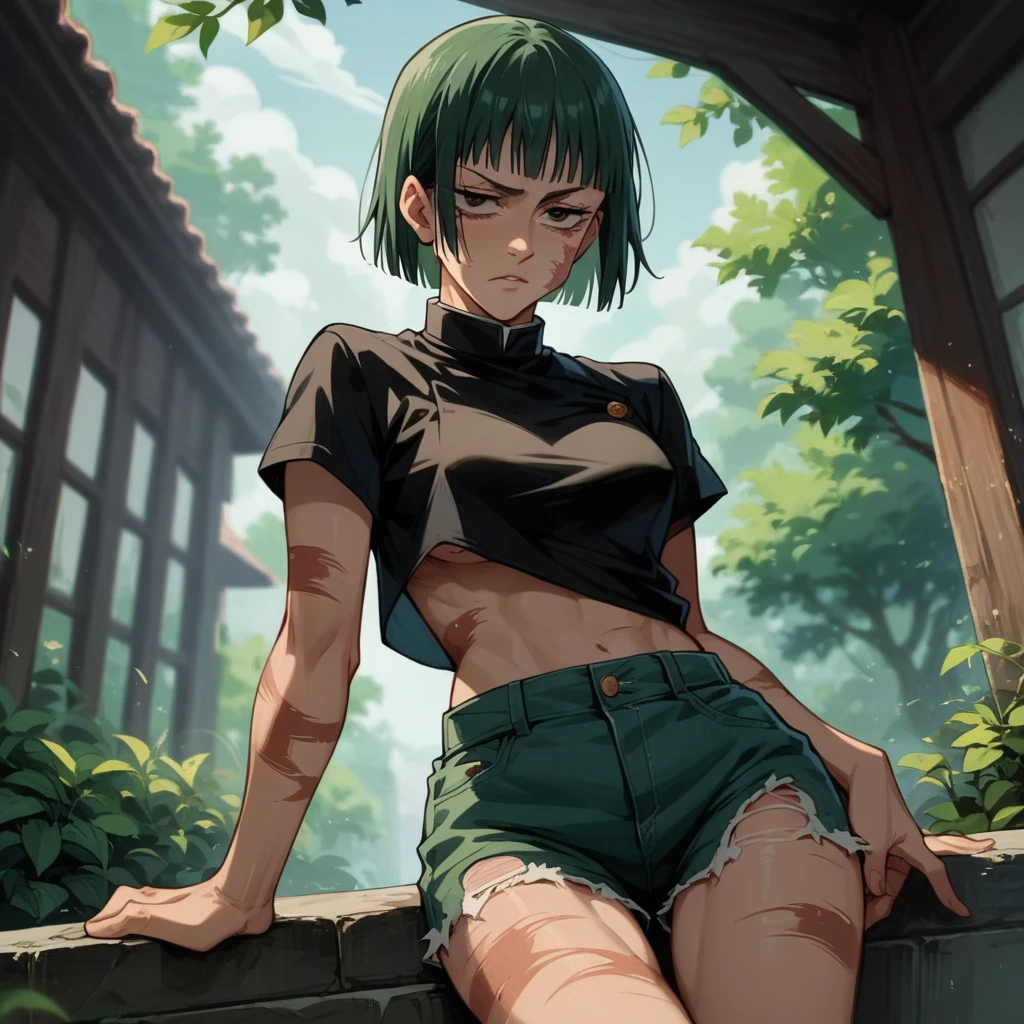 Maki Zenin shibuya arc, green hair, with brown burn marks under the skin all over the body, wearing short ripped denim shorts, wearing a black blouse, Jujutsu Kaisen</input></xml>