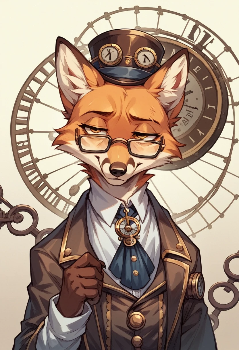 a fox, steampunk, with glasses, tired, with a clock, smile