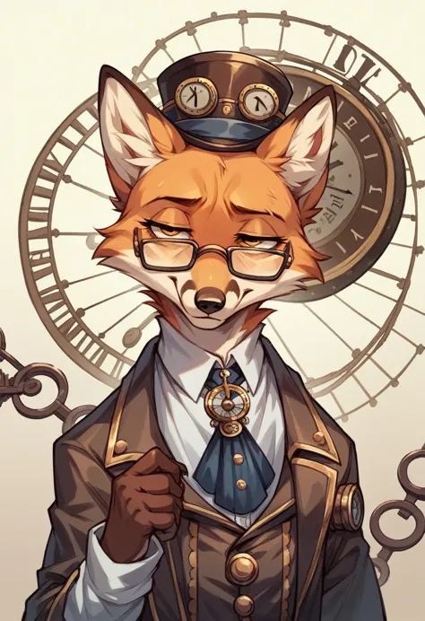 a fox, steampunk, with glasses, tired, with a clock, smile