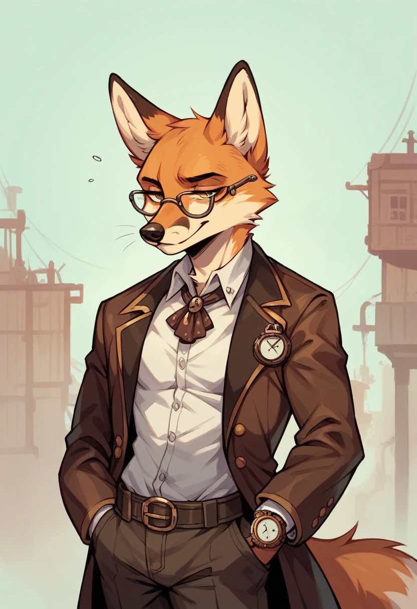 a fit fox, steampunk, with glasses, tired, with a pocket watch, smile