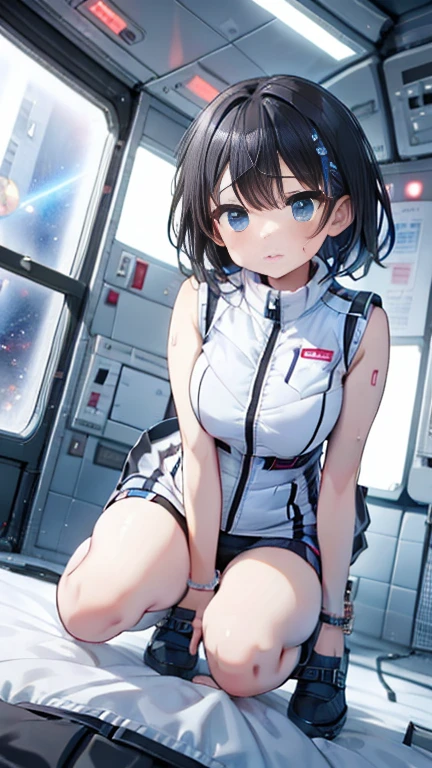 (Best Quality), (masterpiece), 1080P, High resolution, 4K, 8k, Inside the space station、Futuristic room、Thigh straps, Shooting from directly below, The woman on top of me, 白いsweat, Covered , sweat, Woman looking down, Skirt swimsuit, Thigh-high socks, To achieve this, , , whole body, Black leather shoes, Braided Hair, Inner Color, Embarrassed face, Short black hair, bracelet, bedroom,astrovest
