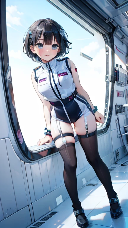 (Best Quality), (masterpiece), 1080P, High resolution, 4K, 8k, Inside the space station、Futuristic room、Thigh straps, Shooting from directly below, The woman on top of me, 白いsweat, Covered , sweat, Woman looking down, Skirt swimsuit, Thigh-high socks, To achieve this, , , whole body, Black leather shoes, Braided Hair, Inner Color, Embarrassed face, Short black hair, bracelet, bedroom,astrovest
