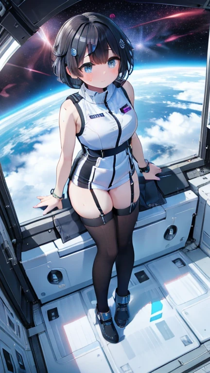 (Best Quality), (masterpiece), 1080P, High resolution, 4K, 8k, Inside the space station、Futuristic room、Thigh straps, Shooting from directly below, The woman on top of me, 白いsweat, Covered , sweat, Woman looking down, Skirt swimsuit, Thigh-high socks, To achieve this, , , whole body, Black leather shoes, Braided Hair, Inner Color, Embarrassed face, Short black hair, bracelet, bedroom,astrovest
