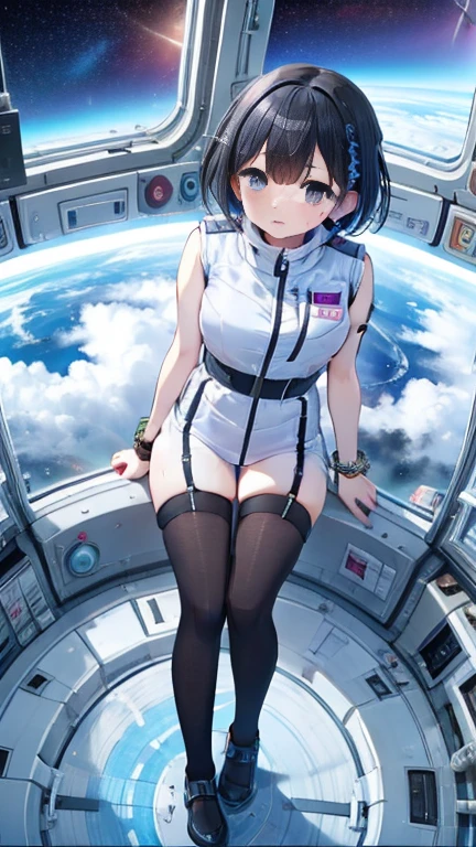 (Best Quality), (masterpiece), 1080P, High resolution, 4K, 8k, Inside the space station、Futuristic room、Thigh straps, Shooting from directly below, The woman on top of me, 白いsweat, Covered , sweat, Woman looking down, Skirt swimsuit, Thigh-high socks, To achieve this, , , whole body, Black leather shoes, Braided Hair, Inner Color, Embarrassed face, Short black hair, bracelet, bedroom,astrovest
