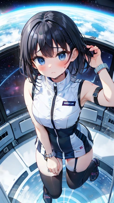 (Best Quality), (masterpiece), 1080P, High resolution, 4K, 8k, Inside the space station、Futuristic room、Thigh straps, Shooting from directly below, The woman on top of me, 白いsweat, Covered , sweat, Woman looking down, Skirt swimsuit, Thigh-high socks, To achieve this, , , whole body, Black leather shoes, Braided Hair, Inner Color, Embarrassed face, Short black hair, bracelet, bedroom,astrovest
