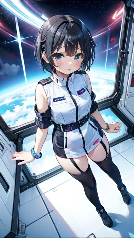 (Best Quality), (masterpiece), 1080P, High resolution, 4K, 8k, Inside the space station、Futuristic room、Thigh straps, Shooting from directly below, The woman on top of me, 白いsweat, Covered , sweat, Woman looking down, Skirt swimsuit, Thigh-high socks, To achieve this, , , whole body, Black leather shoes, Braided Hair, Inner Color, Embarrassed face, Short black hair, bracelet, bedroom,astrovest
