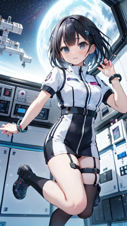 (Best Quality), (masterpiece), 1080P, High resolution, 4K, 8k, Inside the space station、Futuristic room、Thigh straps, Shooting from directly below, The woman on top of me, 白いsweat, Covered , sweat, Woman looking down, Skirt swimsuit, Thigh-high socks, To achieve this, , , whole body, Black leather shoes, Braided Hair, Inner Color, Embarrassed face, Short black hair, bracelet, bedroom,astrovest
