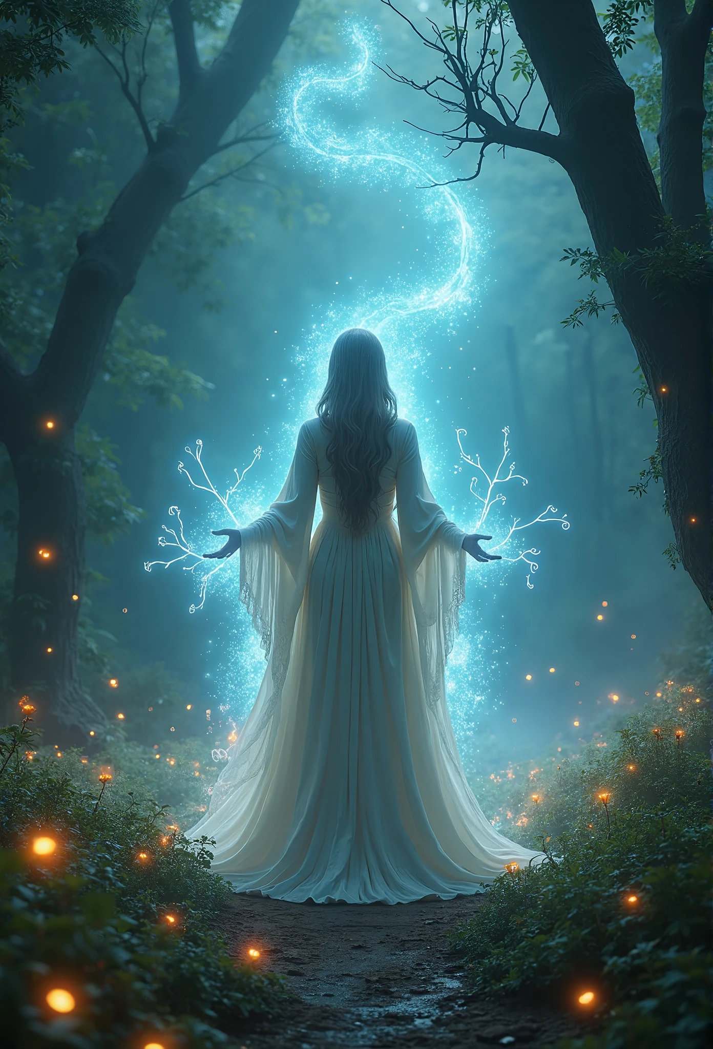 A stunning sorceress stands in the heart of an enchanted forest, her ethereal gown flowing around her as if woven from mist and moonlight. Magical energy swirls around her, casting a soft glow on the ancient trees and vibrant, bioluminescent plants that surround her. Her eyes burn with a mystical light, and her hair floats gently, as if touched by an unseen breeze. The forest itself hums with ancient magic, with glowing runes hovering in the air. Rendered in ultra-realistic 8K with hyper-detailed textures and HDR lighting, the scene captures every intricate detail of her enchanting presence and the magical forest, brought to life through the power of Unreal Engine v5.