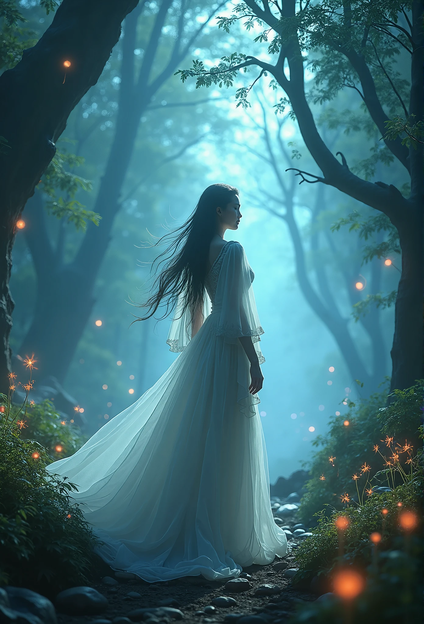 A stunning sorceress stands in the heart of an enchanted forest, her ethereal gown flowing around her as if woven from mist and moonlight. Magical energy swirls around her, casting a soft glow on the ancient trees and vibrant, bioluminescent plants that surround her. Her eyes burn with a mystical light, and her hair floats gently, as if touched by an unseen breeze. The forest itself hums with ancient magic, with glowing runes hovering in the air. Rendered in ultra-realistic 8K with hyper-detailed textures and HDR lighting, the scene captures every intricate detail of her enchanting presence and the magical forest, brought to life through the power of Unreal Engine v5.