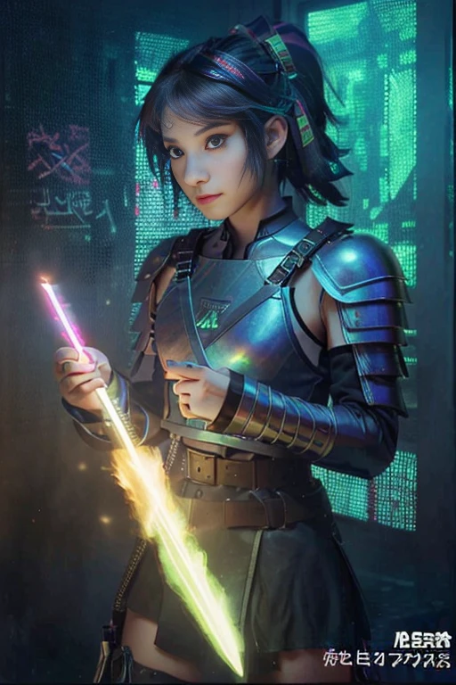 
A beautiful young woman, knight, armor without helmet, neon details, RGB lights on, robe, HUD visor on, / light sword, energy sword, ciberpunk details, control panel wrist, holographic badge, / medieval castle with graffiti, magic circles, / brave looking, tradicional warrior, technology anarchy, daylight 