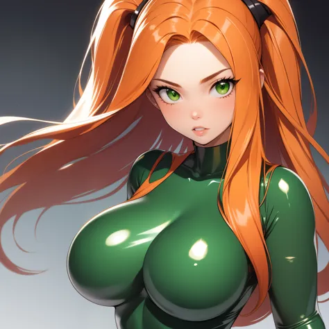 kim possible female 20 years old , 20 years old girl, bright orange hair, green eyes, green latex suit, big breasts