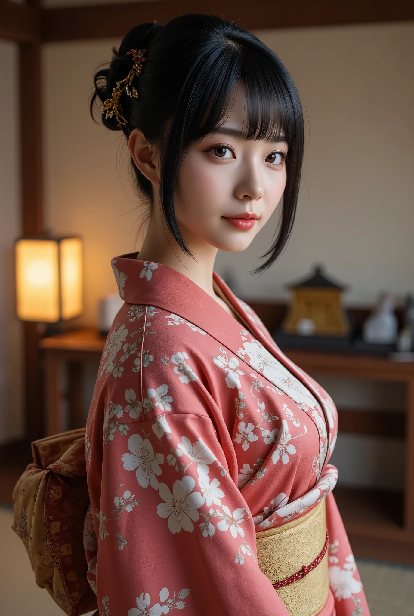 ((super photographic, superrealism)),Front view 1 woman, beautiful young Japaneses woman, her name is Junko Fuji,  (Black hair , chignon , fringe, beautiful dark brown eye, smile), (C cup breasts, wide hip), ( Japanese traditional Kimono, kimono below  flower pattern , obi, obi string ), standing pose, on tatami , in my office, Japanese lantern , house hold Shinto altar , ((super detail, high details, high quality, accurate, anatomically correct, textured skin, beautiful fingers super detail, high details, high quality, best quality))