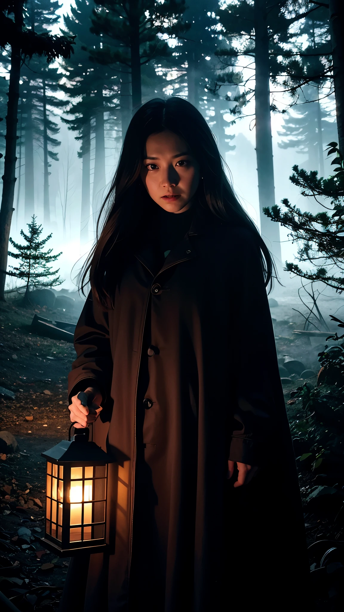 "Create an 8k horror movie poster showing three female main characters trapped in a decrepit forest cabin, surrounded by dark, twisted trees. The women stand back to back in the center of the poster, their expressions filled with fear and determination. One clutches a bloody knife, another holds a burning lantern, while the third looks terrified as supernatural fog swirls around them. The ghostly figure of a female apparition lurks in the background, barely visible through the cracked windows of the cabin. The lighting is moody and dark, with flickering shadows adding to the unsettling atmosphere."