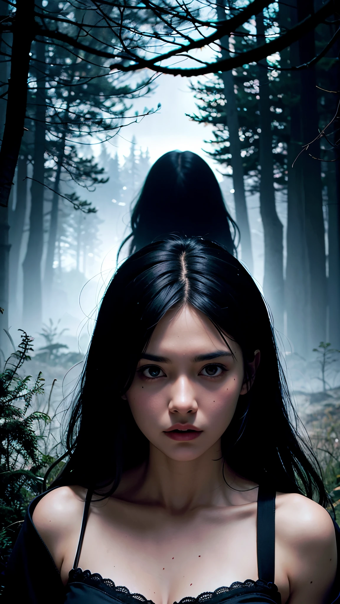 "Create an 8k horror movie poster showing three female main characters trapped in a decrepit forest cabin, surrounded by dark, twisted trees. The women stand back to back in the center of the poster, their expressions filled with fear and determination. One clutches a bloody knife, another holds a burning lantern, while the third looks terrified as supernatural fog swirls around them. The ghostly figure of a female apparition lurks in the background, barely visible through the cracked windows of the cabin. The lighting is moody and dark, with flickering shadows adding to the unsettling atmosphere." wearing crop shirt