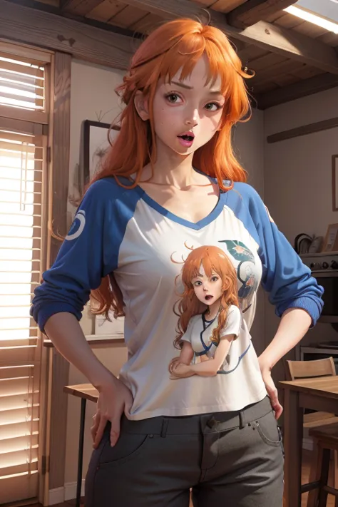 1girl, orange hair, brown eyes, long hair, blue shirt, raglan sleeves, brown pants, solo, masterpiece, beautiful art, profession...