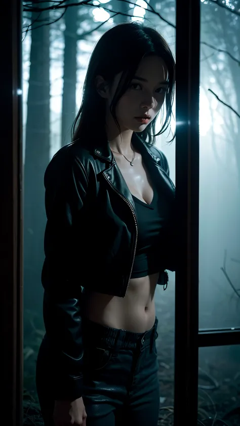 "create an 8k horror movie poster showing one female main characters wearing  jacket and crop shirt cleavage  trapped in a decre...