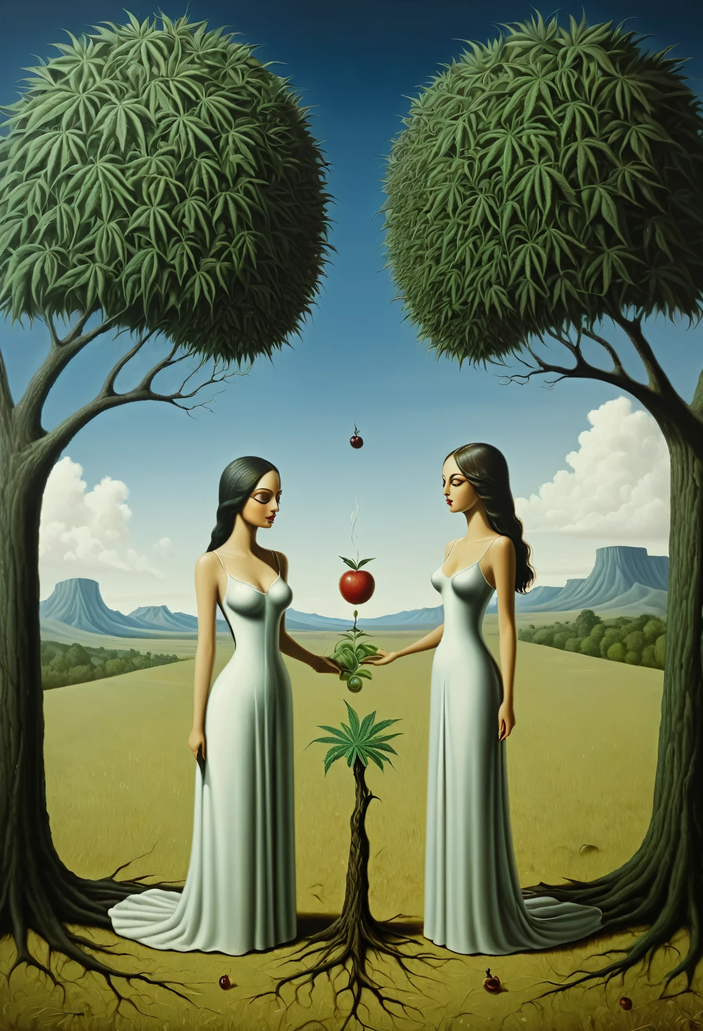 adam an eve and the tree of knowledge and the fruit with is cannabis - surrealist style, surrealist artwrok, dream like, highly detailed, masterpiece, painting-like, HD