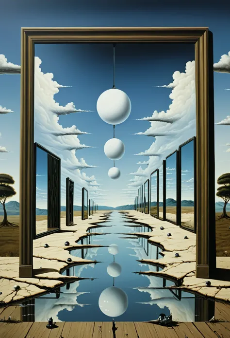 bizzare landscape with mirrors and stuff, no persons, no humans - surrealist style, surrealist artwrok, dream like, highly detai...