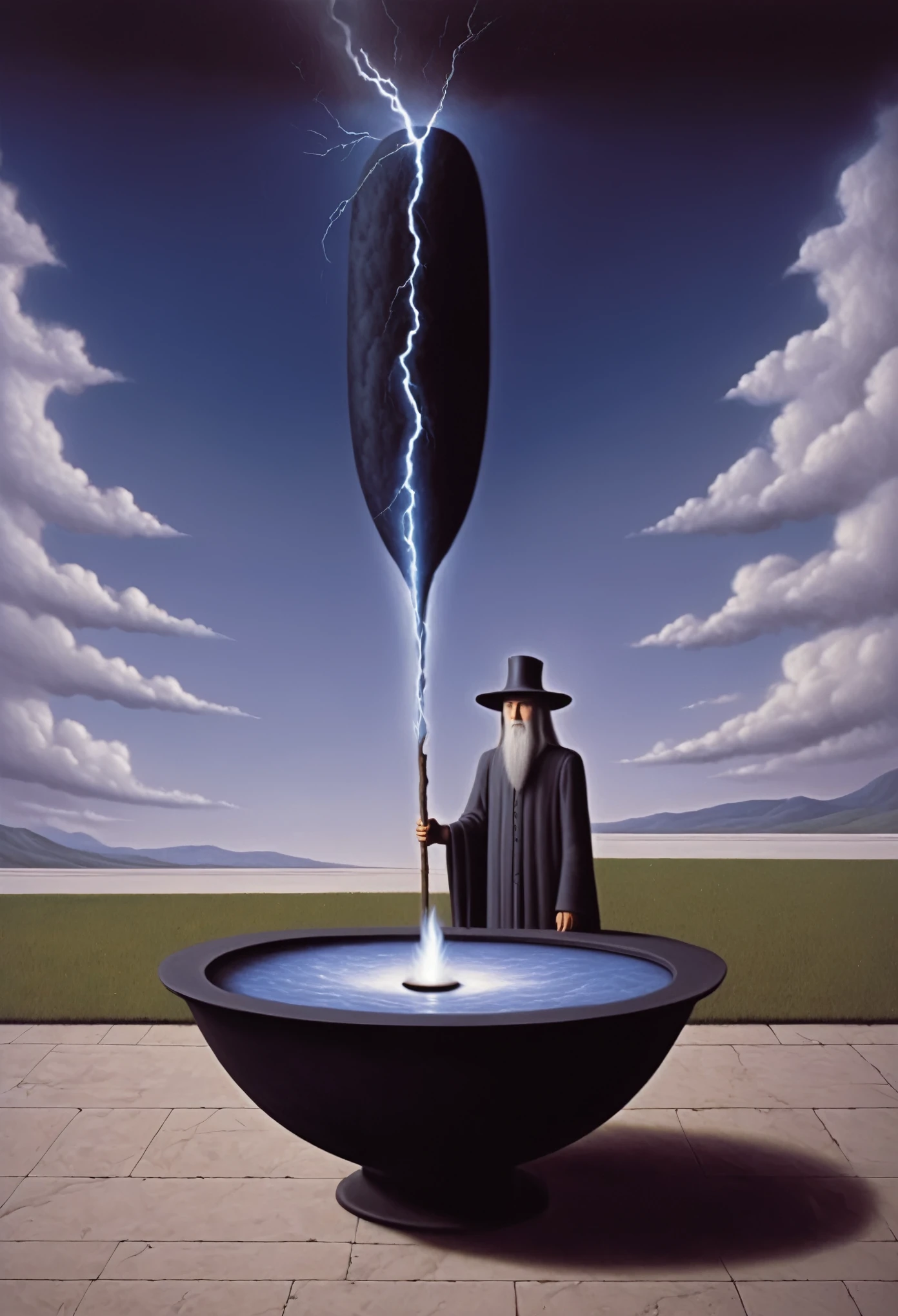 a dark wizard like gandalf launches lightning and fire trough his stafd - surrealist style, surrealist artwrok, dream like, Dali style, Rene Magritte style, highly detailed, masterpiece, painting-like, HD