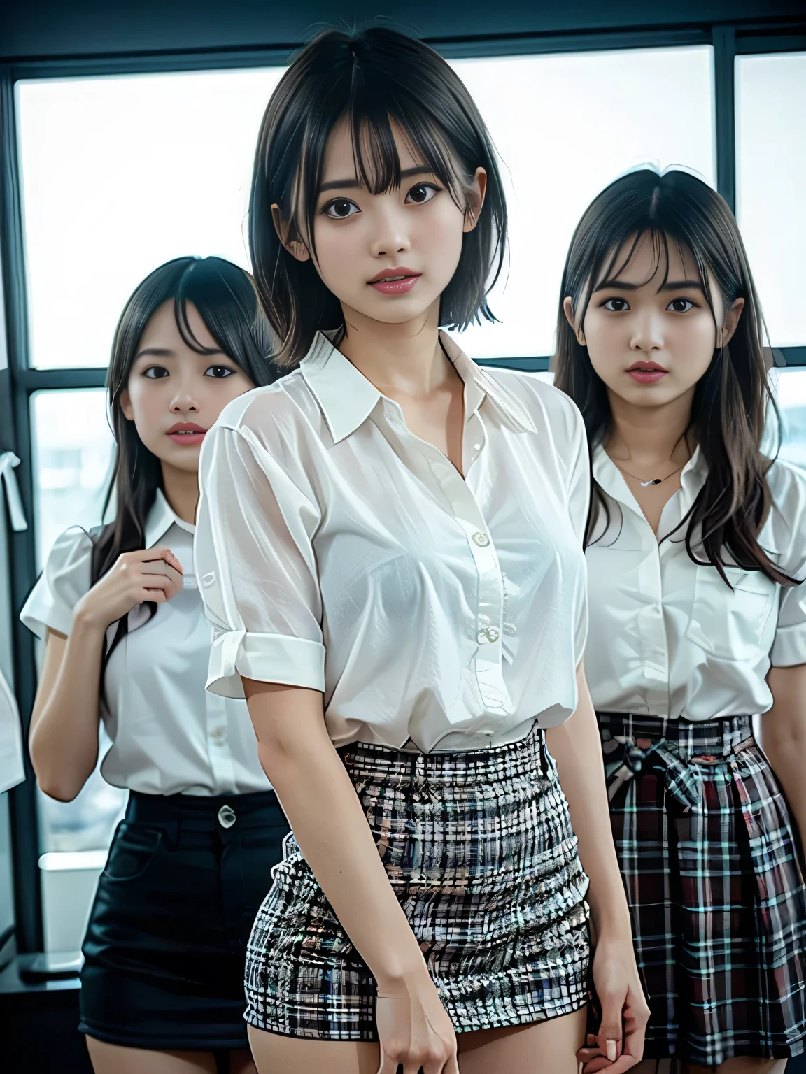 three beautiful young female gravure idols in short skirts and white shirts taking photos, short cut hair, extremely detailed, beautiful eyes, flawless skin, detailed faces, slim figures, graceful poses, realistic, photorealistic, 8k, highly detailed, studio lighting, cinematic, warm color tones, shallow depth of field, sakimichan style, cgstation trending