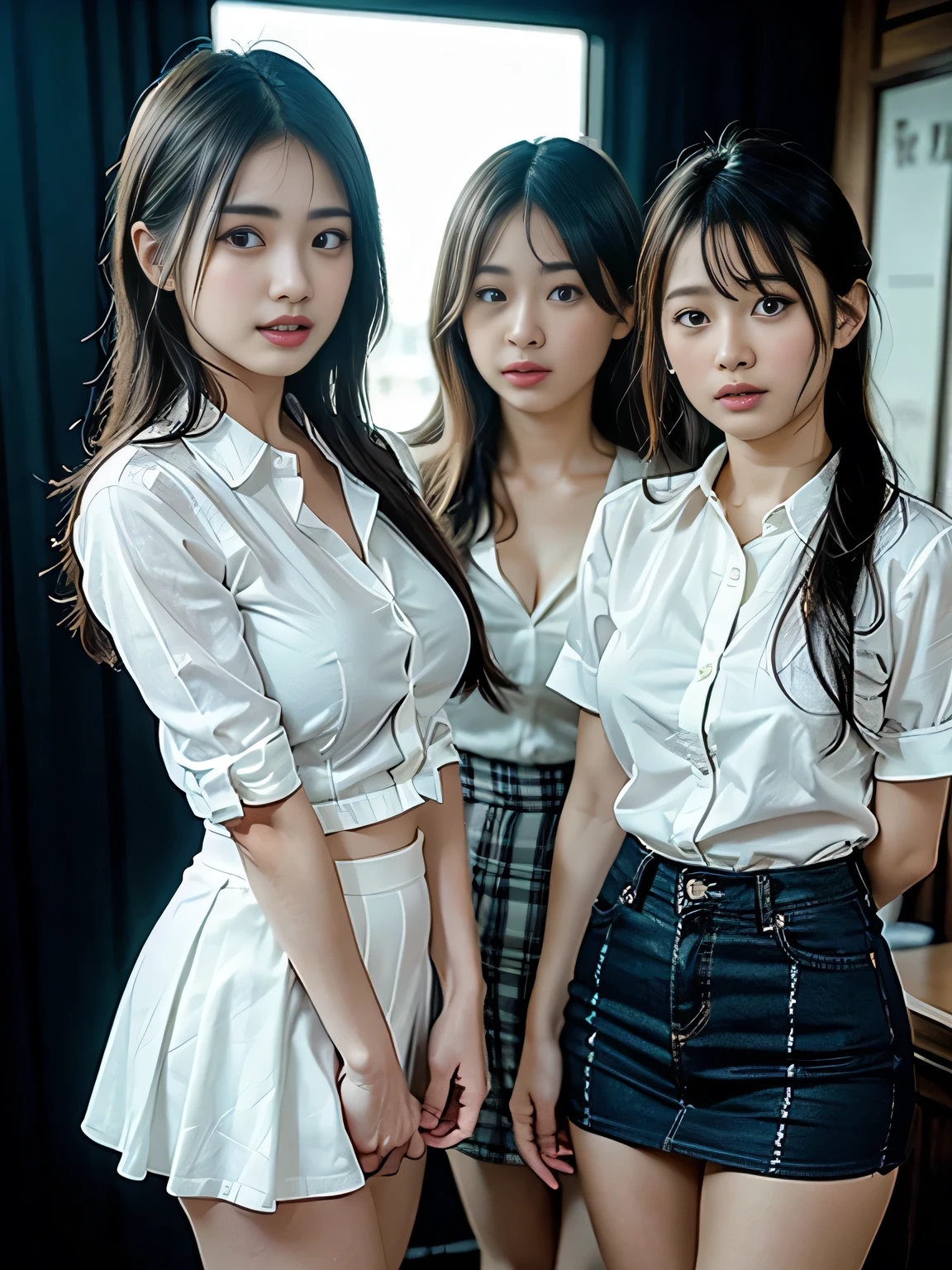 three beautiful young female gravure idols in short skirts and white shirts taking photos, extremely detailed, beautiful eyes, flawless skin, detailed faces, slim figures, graceful poses, realistic, photorealistic, 8k, highly detailed, studio lighting, cinematic, warm color tones, shallow depth of field, sakimichan style, cgstation trending