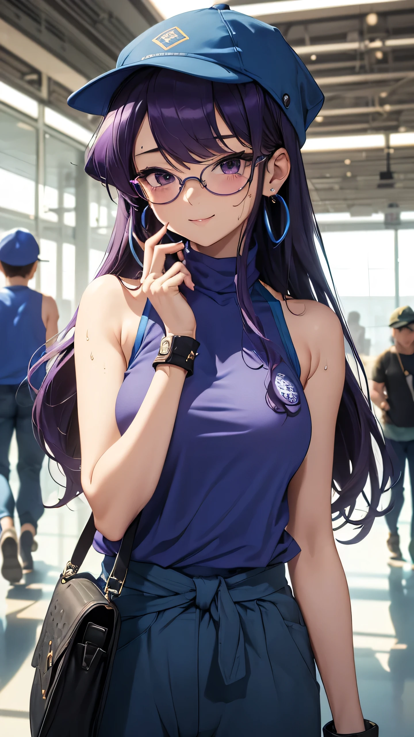 最high quality、best image quality、masterpiece、teenage girl((1、 By becoming、vest bust、large bust,wide open breast tea、purple eye, dark purple hair、long hair、thin,highest valley、Perforated gloves、blue earrings、bandana、cute smile、sweating、wrap the jacket around your waist、blue cap hat、Random movement、red sun glasses、blue tank top、Military pants、wrist set、Shoulder bag)),high quality、beautiful art、background((In the airport)),debris flies、Depth of written boundary、movie、visual art、perfect art、8K,genuine