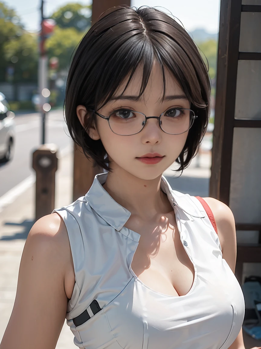 8k,Best Quality,(masterpiece:1.2),(Realistic),(Realistic:1.37),Ultra-high resolution,1. ((Japanese women))、((Mature Woman))、((Married Woman))、Droopy eyes,Beautiful teeth alignment,((Wear rimless glasses))、((Black short bob hair))、 ((Front view))((Lean forward to accentuate cleavage)),((Upper body close-up))Well-formed fingers,((Tennis Player))(((She was wearing a sleeveless tennis uniform.、Emphasizes the bust..))),(((My chest is wide open, Accentuate your chest.)))((Large Breasts))、((Big Breasts))((Accentuate nipple protrusion))、Perfect body,Perfect Fingers,Beautiful Skin,Professional Lighting,gravure,Detailed face and skin texture,fine grain,RAW Photos