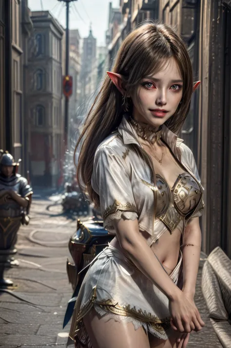 (masterpiece, best quality:1.2), solo, 1girl, l2rvelf, expressionless, looking at viewer, pointy ears, armor, skirt, midriff, cl...