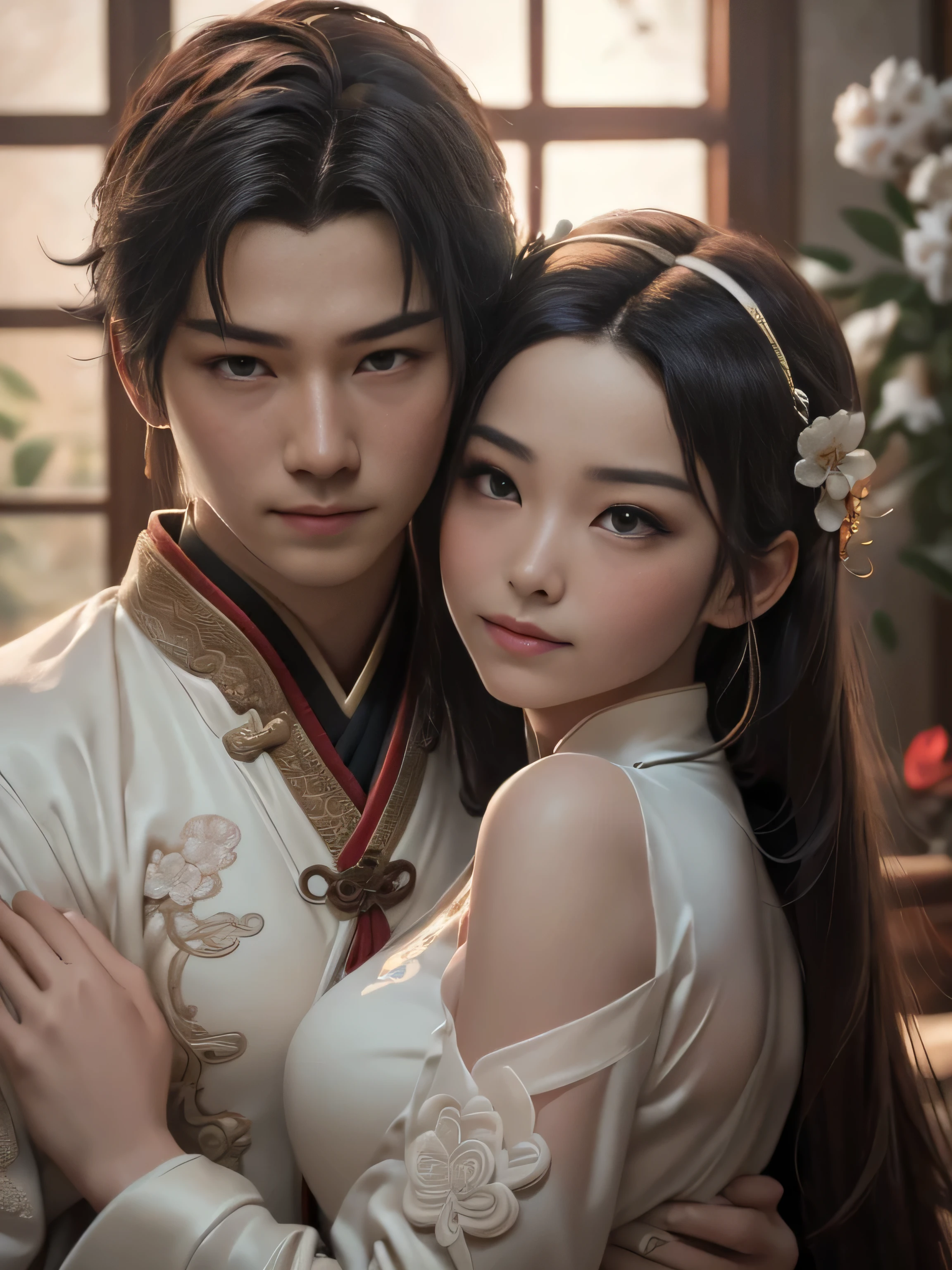 (Best Quality, Super Detail, Masterpiece, Representative Work, Official Art, Professional, Super Fine Detail, 8k:1.3), (photorealism:1.2), (Couple, Beautiful Girl and Boy), A couple in the sea of flowers, Handsome guy hugs beautiful girl from behind, Smiling and Wearing White Clothes, Delicate Hair, Ancient Chinese Beauty and Handsome Man, Wearing Ancient Chinese Clothes, Flowing Tulle, Light Silk, Create a movie poster similar to those used in Chinese romantic fantasy dramas, Perfect face, perfect hands, Sweet atmosphere, Photorealistic, Sharp Focus, Dreamy Atmosphere, Delicate Details, Soft Volumetric Light, (Backlight:1.3), (Cinematic:1.2), Intricate Details, (ArtStation:1.3)