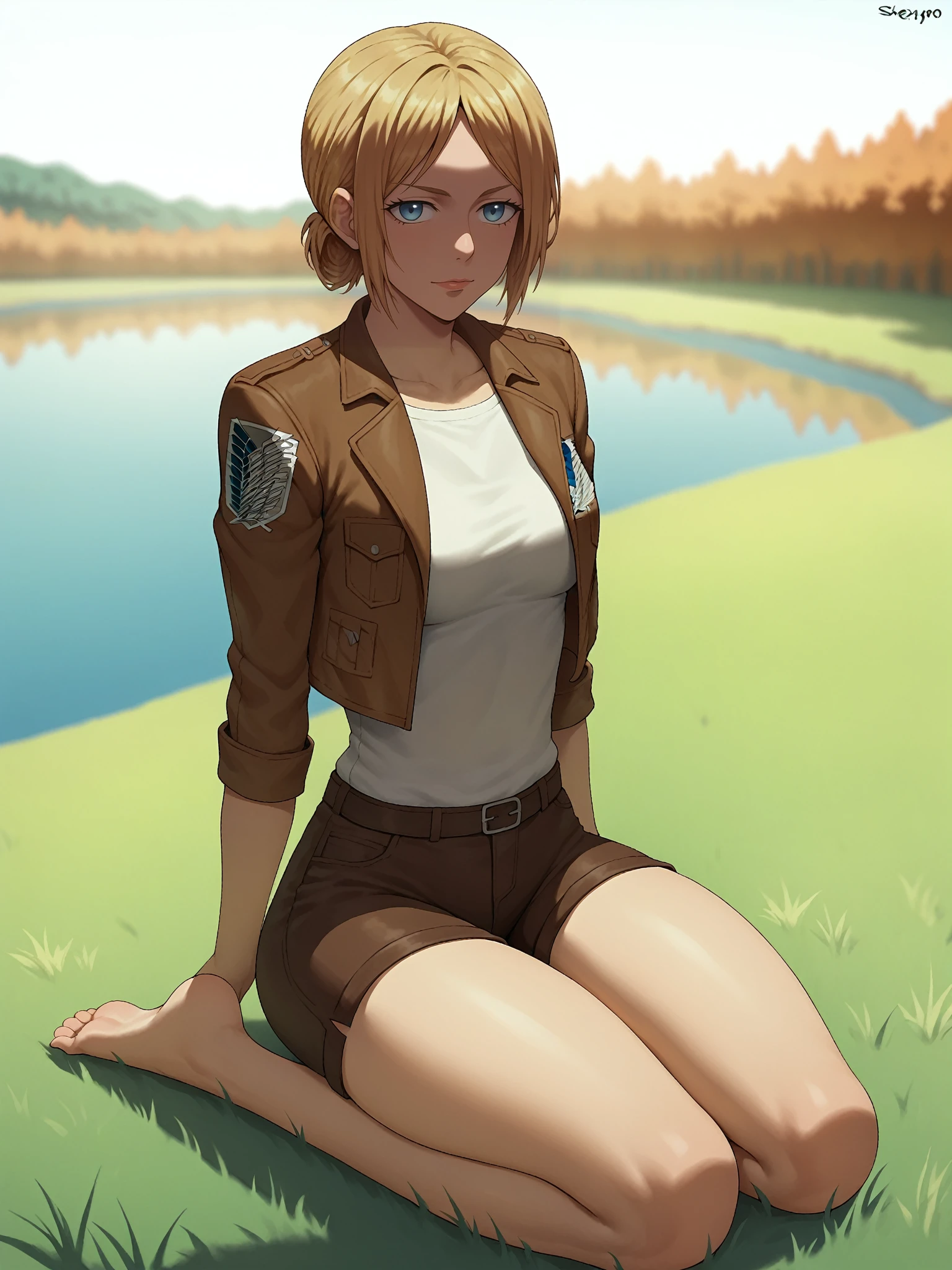 score_9,score_8_up,score_7_up, shexyo, shexyo style, attack on titan, annie leonhart, front view, thighs, thigh focus, leather shorts, white shirt, brown shorts, brown jacket, open jacket, outdoors, lake, grass, sitting on ground, sitting, nature, autumn, fall(season), by the lake, feet in lake