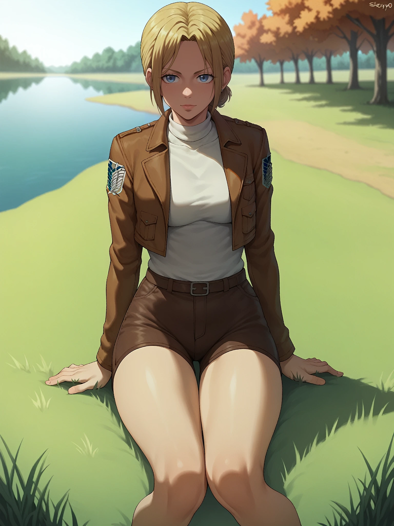 score_9,score_8_up,score_7_up, shexyo, shexyo style, attack on titan, annie leonhart, front view, thighs, thigh focus, leather shorts, white shirt, brown shorts, brown jacket, open jacket, outdoors, lake, grass, sitting on ground, sitting, nature, autumn, fall(season), by the lake, feet in lake