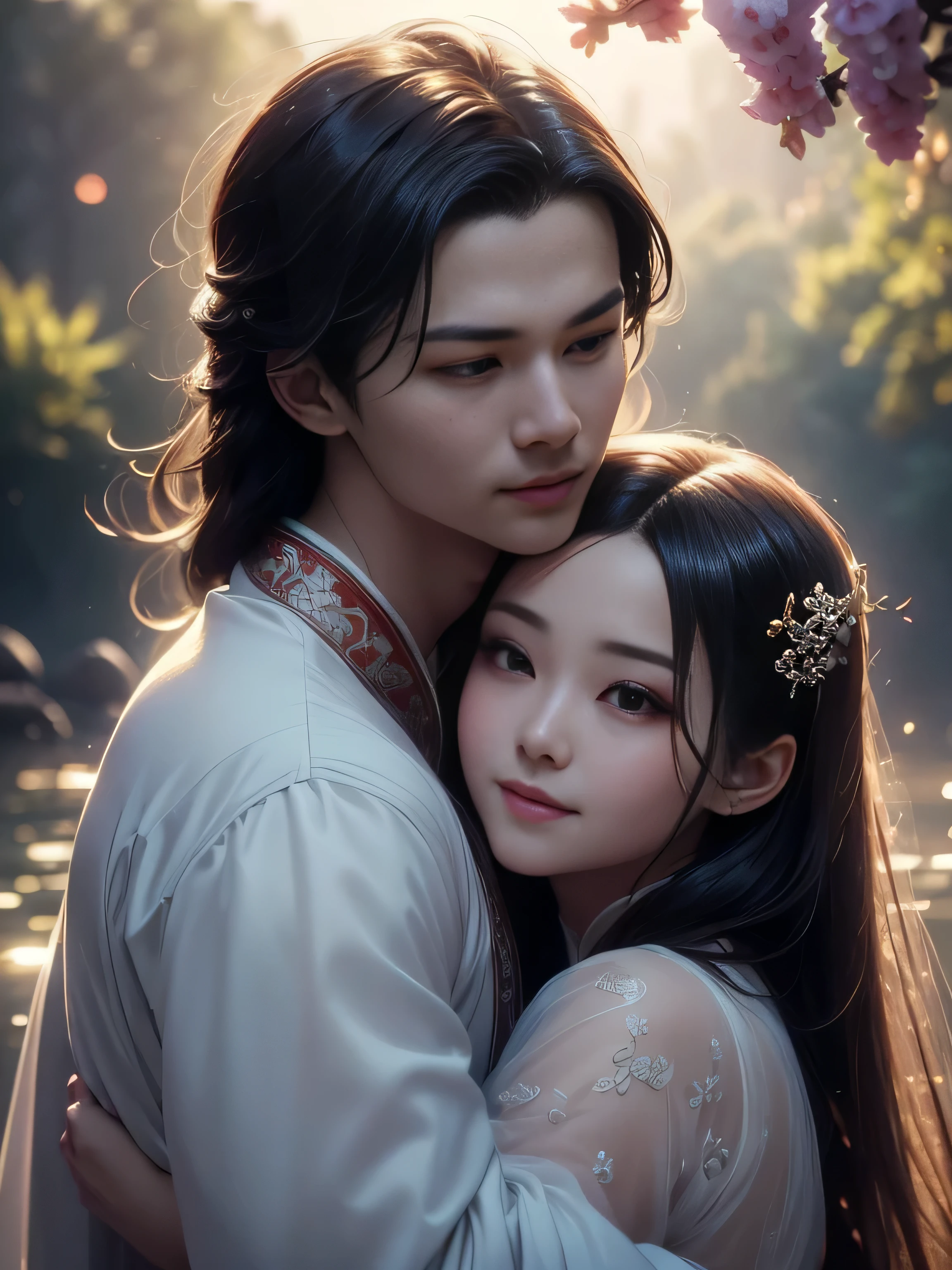 (Best Quality, Super Detail, Masterpiece, Representative Work, Official Art, Professional, Super Fine Detail, 8k:1.3), (photorealism:1.2), (Couple, Beautiful Girl and Boy), A couple in the sea of flowers, Handsome guy hugs beautiful girl from behind, Smiling and Wearing White Clothes, Delicate Hair, Ancient Chinese Beauty and Handsome Man, Wearing Ancient Chinese Clothes, Flowing Tulle, Light Silk, Create a movie poster similar to those used in Chinese romantic fantasy dramas, Perfect face, perfect hands, Sweet atmosphere, Photorealistic, Sharp Focus, Dreamy Atmosphere, Delicate Details, Soft Volumetric Light, (Backlight:1.3), (Cinematic:1.2), Intricate Details, (ArtStation:1.3)