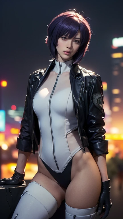 (One Woman),(Motoko Kusanagi:1.5),(((Special forces woman standing:1.5))),((White Tactical High Leg Bodysuit:1.5)),((Black jacket:1.5)),(Black Gloves:1.5),(Serious:1.5),(Short Hair:1.5),(Purple Hair),(Beautiful Eyes:1.3),(Very detailedな顔:1.5),((Very detailedな女性の手の描画:1.5)),((Muscular:1.5)),(Sexy look:1.5),((Thick thighs:1.5)),(Beautiful body:1.5),((Very sensual:1.5)),(Night skyscrapers in the background:1.5),(Cyberpunk atmosphere:1.5),(((Blur the background:1.5))),(Written boundary depth:1.5),break(((masterpiece:1.5),(Best Quality:1.5),(Very detailed:1.5),(High resolution:1.5),(Realistic:1.5),(Realistic:1.5),(Delicate depiction),(Careful depiction))),8k,wallpaper