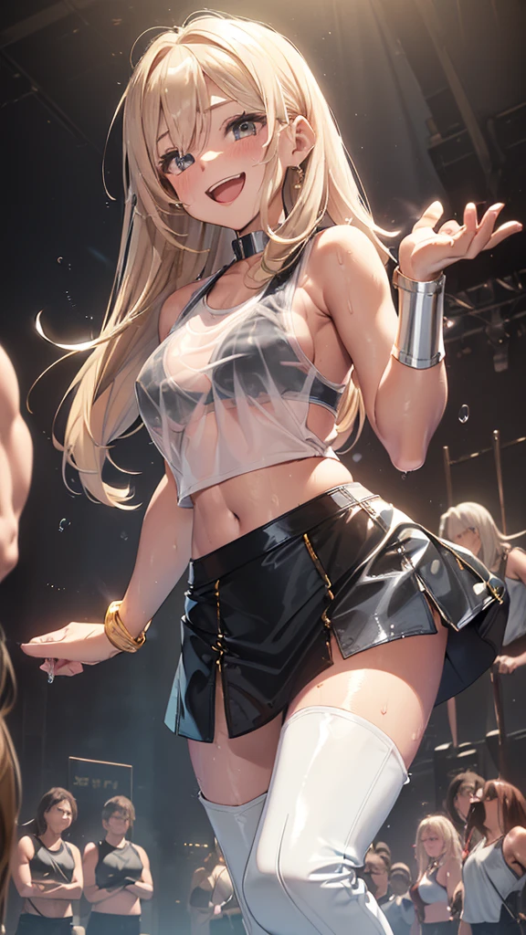 1 female,golden hair,2,(((blue shiny micro tight skirt)))((white tank top))(((blush、open mouth smile)),(((straight hair))),(((portrait))),crowd,,(wet with sweat)(sexy black bra and see-through tank top)()(((small breasts)))leather thigh high boots