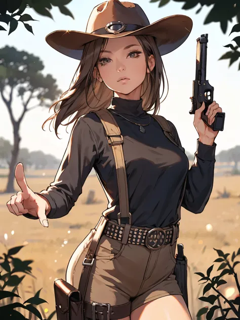 girl, sexy, pointing gun at camera, body tilt, cowboy hat, long hair, looking at viewer, belt, sharp focus, savana, dead tree, b...