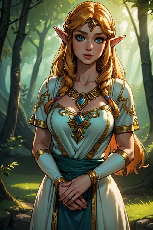 (best quality,4k,8k,highres,masterpiece:1.2),ultra-detailed,(realistic,photorealistic,photo-realistic:1.37),princess zelda,princess of hyrule,the legend of zelda,video game character,elf princess zelda,intricate dress,beautiful detailed eyes,beautiful detailed lips,extremely detailed face and hair,long eyelashes,delicate facial features,elegant royal pose,mystical forest background,glowing magical aura,warm soft lighting,vibrant fantasy colors,cinematic lighting,detailed fantasy landscape