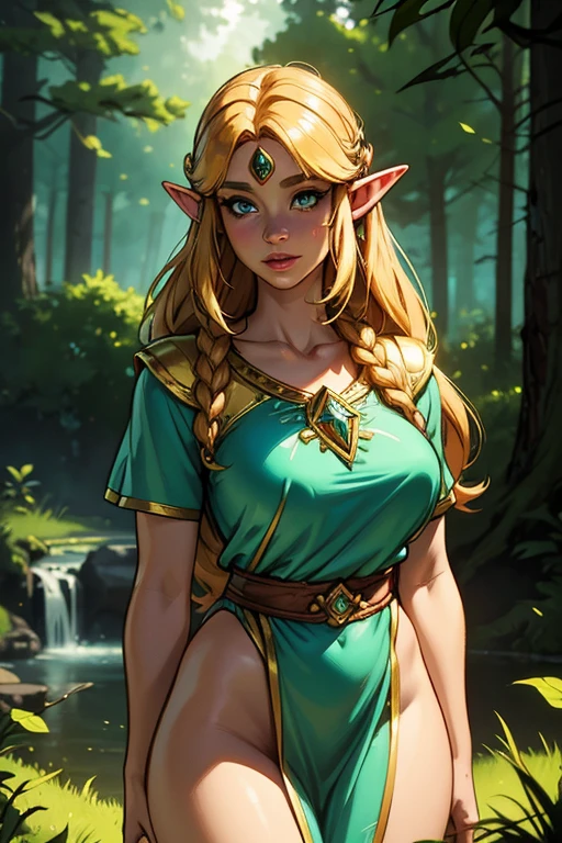 (best quality,4k,8k,highres,masterpiece:1.2),ultra-detailed,(realistic,photorealistic,photo-realistic:1.37),princess zelda,princess of hyrule,the legend of zelda,video game character,elf princess zelda,intricate dress,beautiful detailed eyes,beautiful detailed lips,extremely detailed face and hair,long eyelashes,delicate facial features,elegant royal pose,mystical forest background,glowing magical aura,warm soft lighting,vibrant fantasy colors,cinematic lighting,detailed fantasy landscape